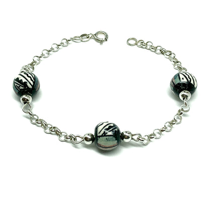 Bead Bracelet | Girls Italian Sterling Silver Porcelain Bead Bracelet 5.75 -6" | Discount Estate Jewelry online at Blingschlingers.com