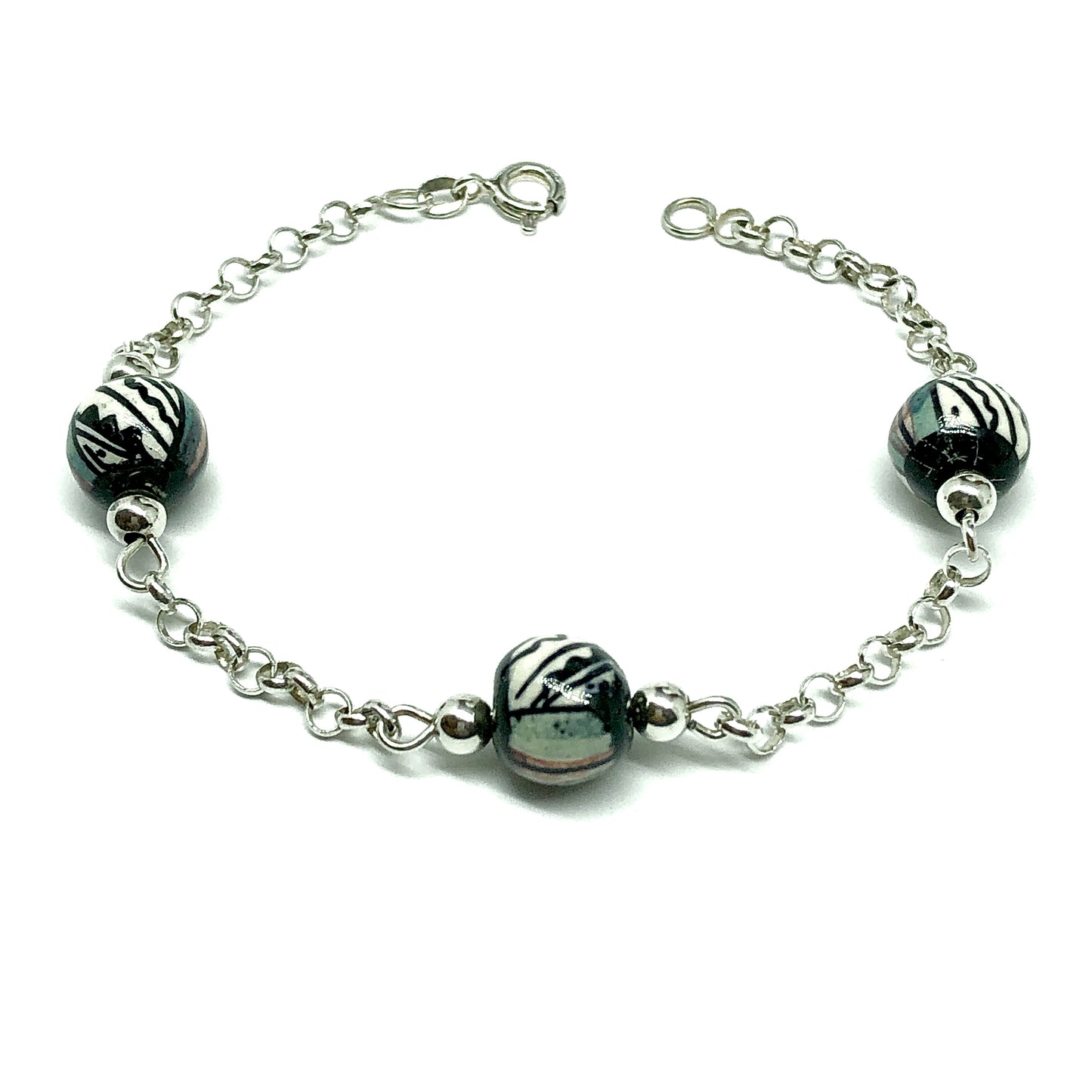 Bead Bracelet | Girls Italian Sterling Silver Porcelain Bead Bracelet 5.75 -6" | Discount Estate Jewelry online