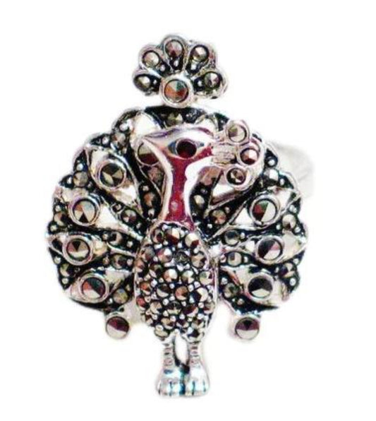 Sterling Silver Ring, sz8 Wide Glinting Marcasite Stone Peacock Bird Statement Ring