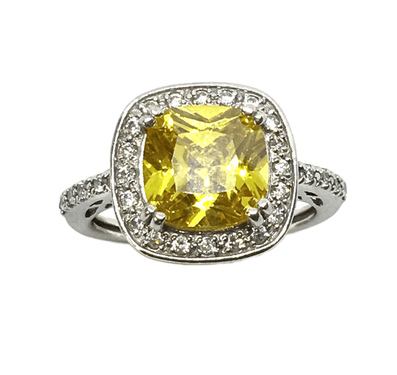 Jewelry - Estate Sterling Silver Shimmery Citrine Yellow Cz Halo Ring