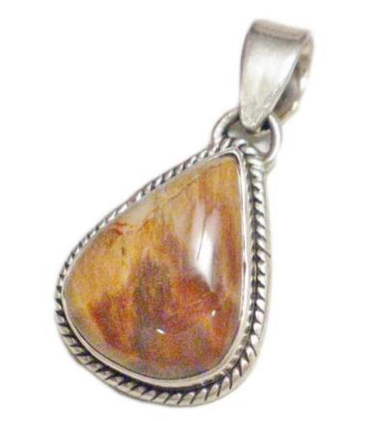 Sterling Silver Pendant, Mens Womens Natural Brown Agate Stone Teardrop Pendant