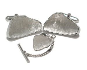 Used Jewelry Cufflinks & Tie Tack set | Mens Modern Retro Sterling Silver Etched Diamond Cut Design Bullet Back Cufflinks & Tie Tack Set
