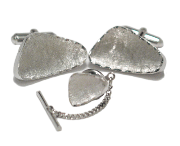Used Jewelry Cufflinks & Tie Tack set | Mens Modern Retro Sterling Silver Etched Diamond Cut Design Bullet Back Cufflinks & Tie Tack Set
