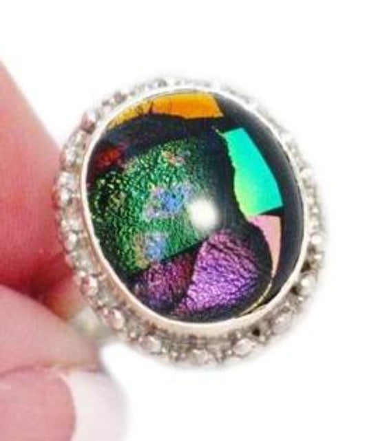 Sterling Silver Ring, sz8.75 Color Popping Dichroic Glass Modernist Art Style Statement Ring