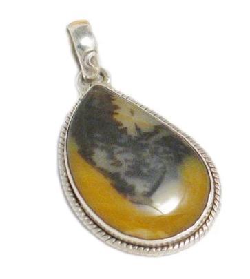 Stone Pendant, Mens Womens Mustard Yellow, Brown Agate Teardrop Style Sterling Silver Statement Pendant
