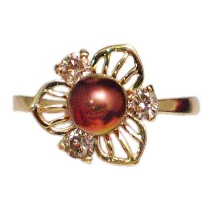 14k Gold Pearl Ring Women Flower Design Champagne Diamond Chocolate Pearl Cocktail Ring