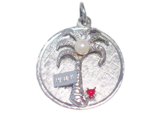 Sterling Silver Charm, Pre-owned Hawaii Palm Tree, Pearl, Coral Stone Medallion Charm