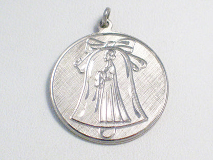 Wedding Jewelry, Women's Vintage Wedding Bell & Bride Sterling Silver Medallion Charm Pendant - Engraveable
