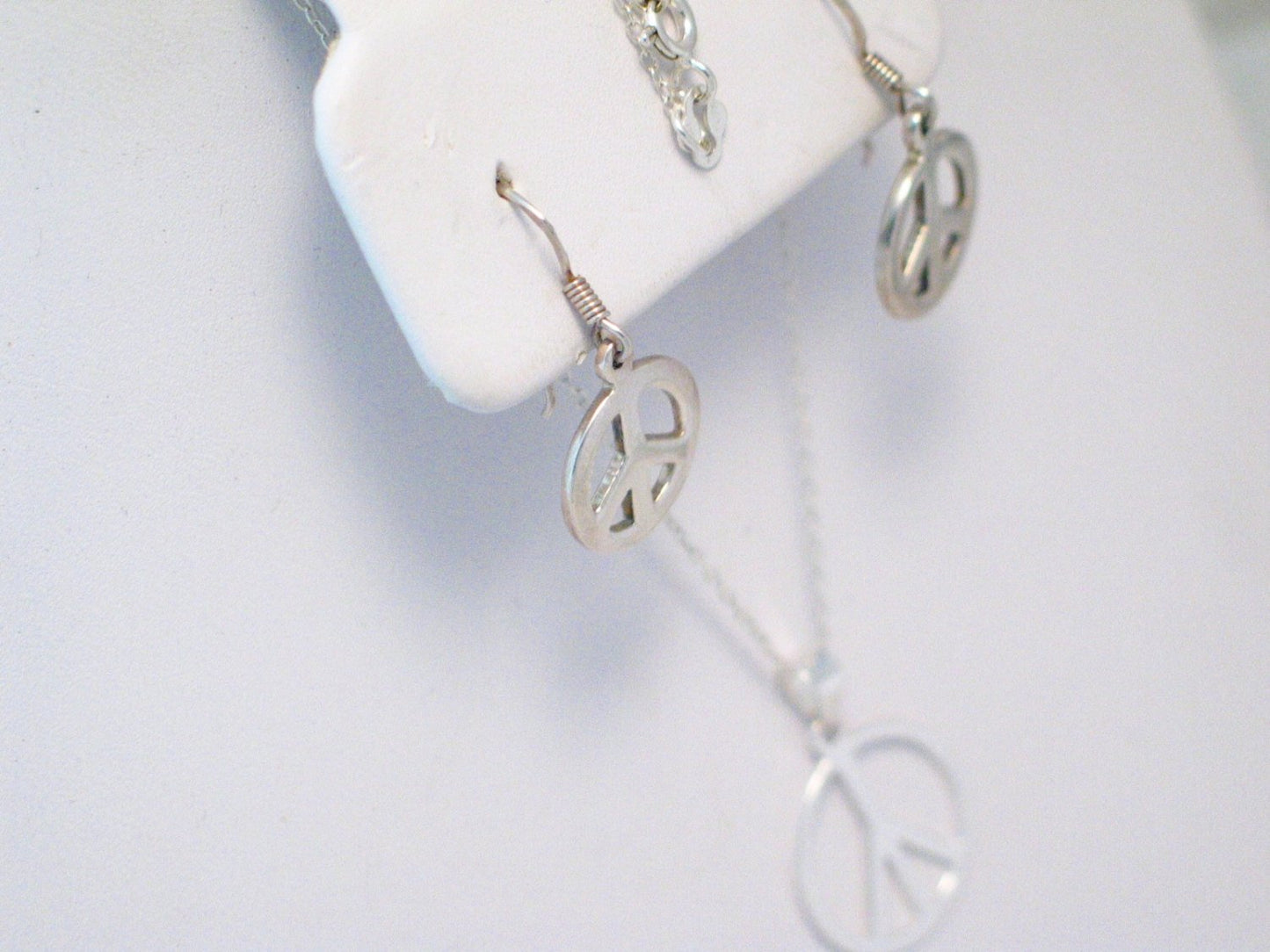Statement Jewelry, Sterling Silver Peace Sign Symbol Design Earrings & Pendant Necklace set