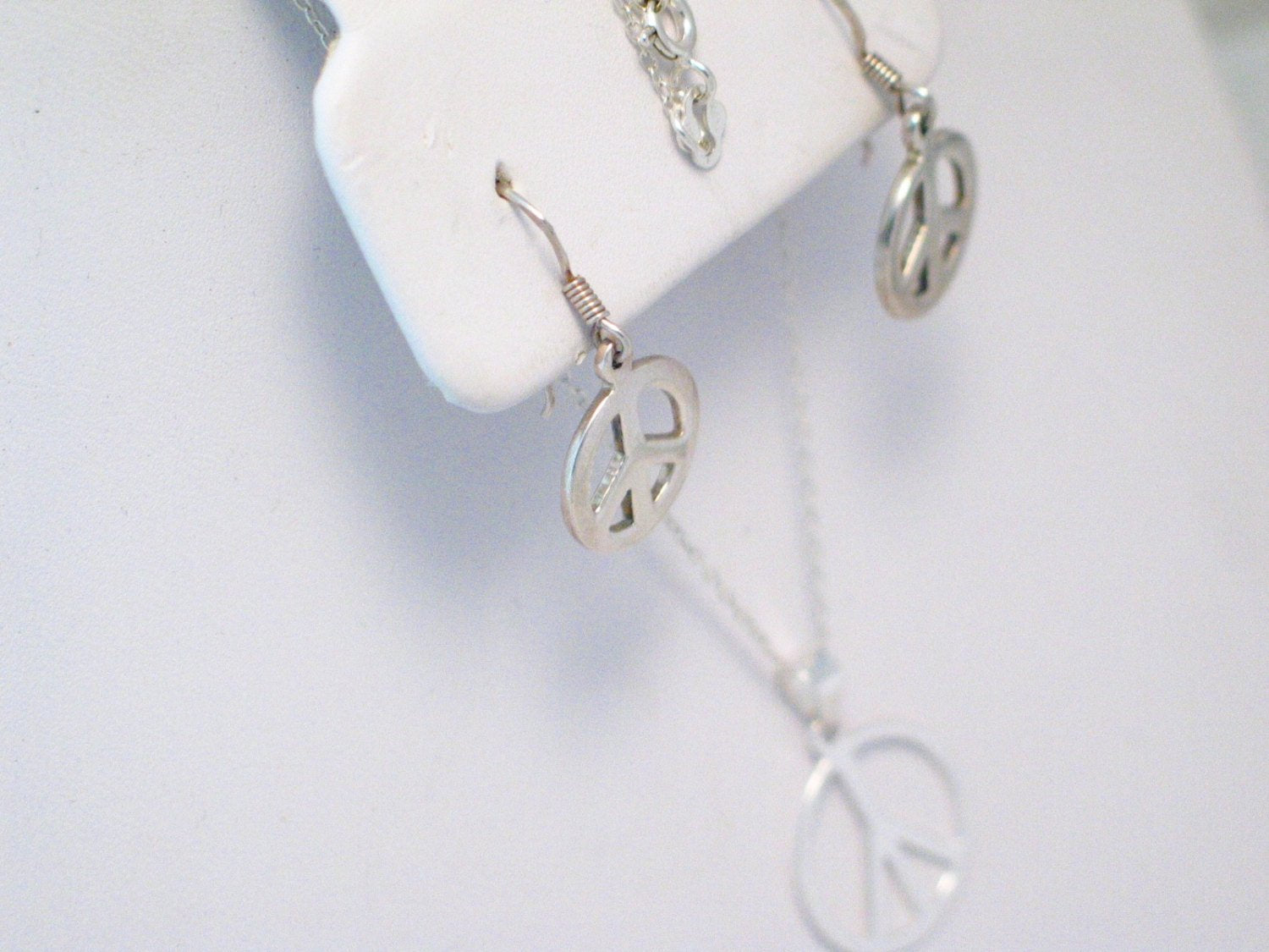 Statement Jewelry, Sterling Silver Peace Sign Symbol Design Earrings & Pendant Necklace set