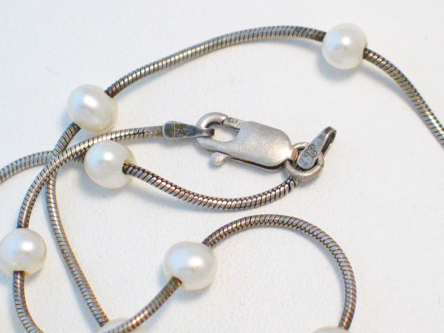 Silver Necklaces | Sterling Silver White Freshwater Pearl Station Chain Necklace 16" | Fashion Jewelry