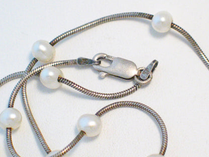 Silver Necklaces | Sterling Silver White Freshwater Pearl Station Chain Necklace 16" | Fashion Jewelry