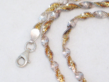 Womens 18in Necklace, Two Tone Style 2 Strand Spiral Herringbone & Box Chain Gold Sterling Silver Necklace - Estate Jewelry
