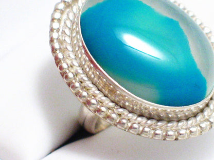 Stone Ring, Sterling Silver sz6.5 Big Chunky Style Oval Blue White Agate Statement Ring - Blingschlingers Jewelry