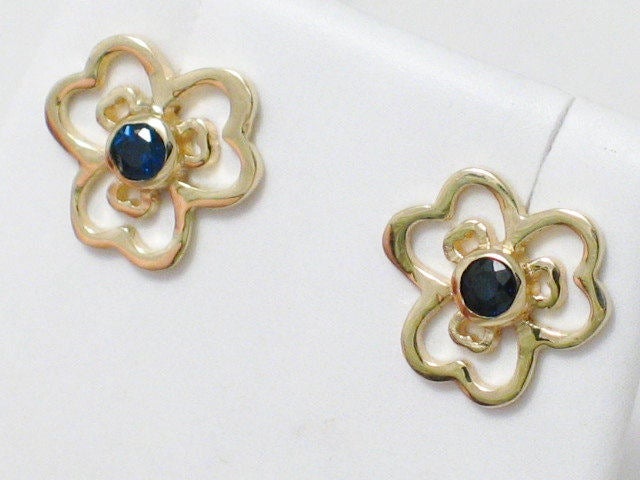 Gold Earrings | Womens 14k Gold Blue Sapphire Pansy Floweret Flower Earrings | Jewelry