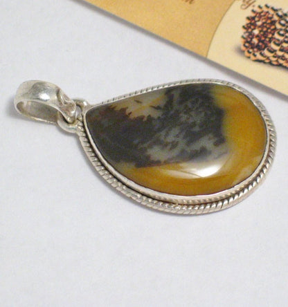 Stone Pendant, Mens Womens Mustard Yellow, Brown Agate Teardrop Style Sterling Silver Statement Pendant