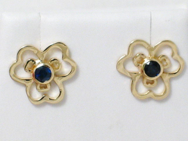 Gold Earrings | Womens 14k Gold Blue Sapphire Pansy Floweret Floral Earrings | Jewelry
