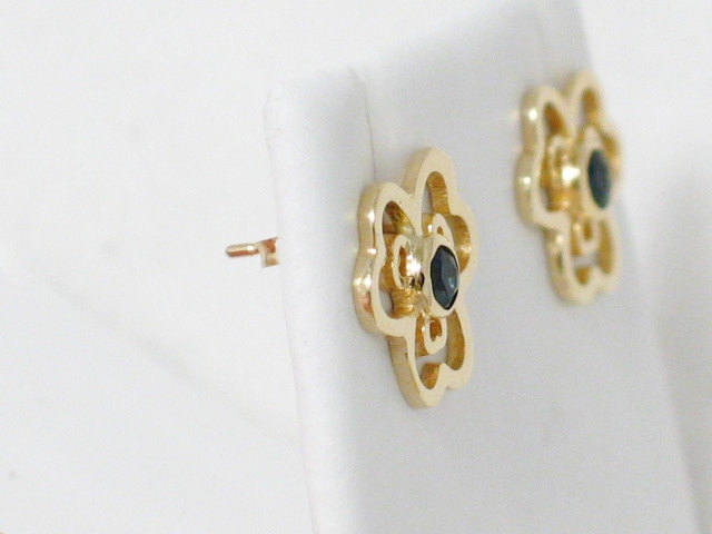14k Gold Earrings, Womens Dark Blue Sapphire Pansy Flower Style Gold Stud Earrings