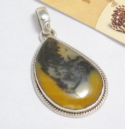 Stone Pendant, Mens Womens Mustard Yellow, Brown Agate Teardrop Style Sterling Silver Statement Pendant