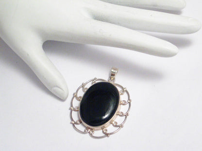 Silver Pendants | Large Bold Oval Sterling Silver Looped Design Black Stone Pendant | Discount Jewelry at Blingschlingers Jewelry