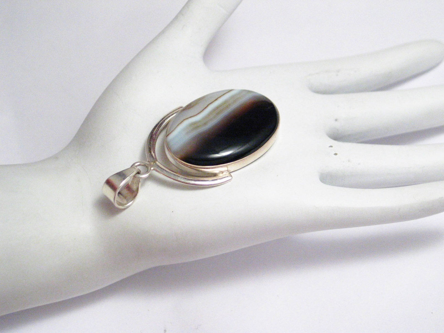 Pendant | The Yin & Yang Large Sterling Silver Oval Banded Agate Stone Pendant | Jewelry