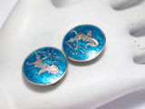 Earrings | Womens Large Blue Guilloche Siam Goddess ClipOn Earrings | Vintage Jewelry