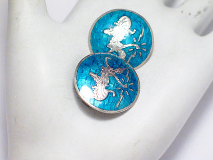 Clip on Earrings, Large Blue Guilloche Siam Goddess Circle Design Sterling Silver Earrings, Vintage Jewelry