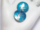 Earrings | Womens Large Blue Guilloche Siam Goddess ClipOn Earrings | Vintage Jewelry