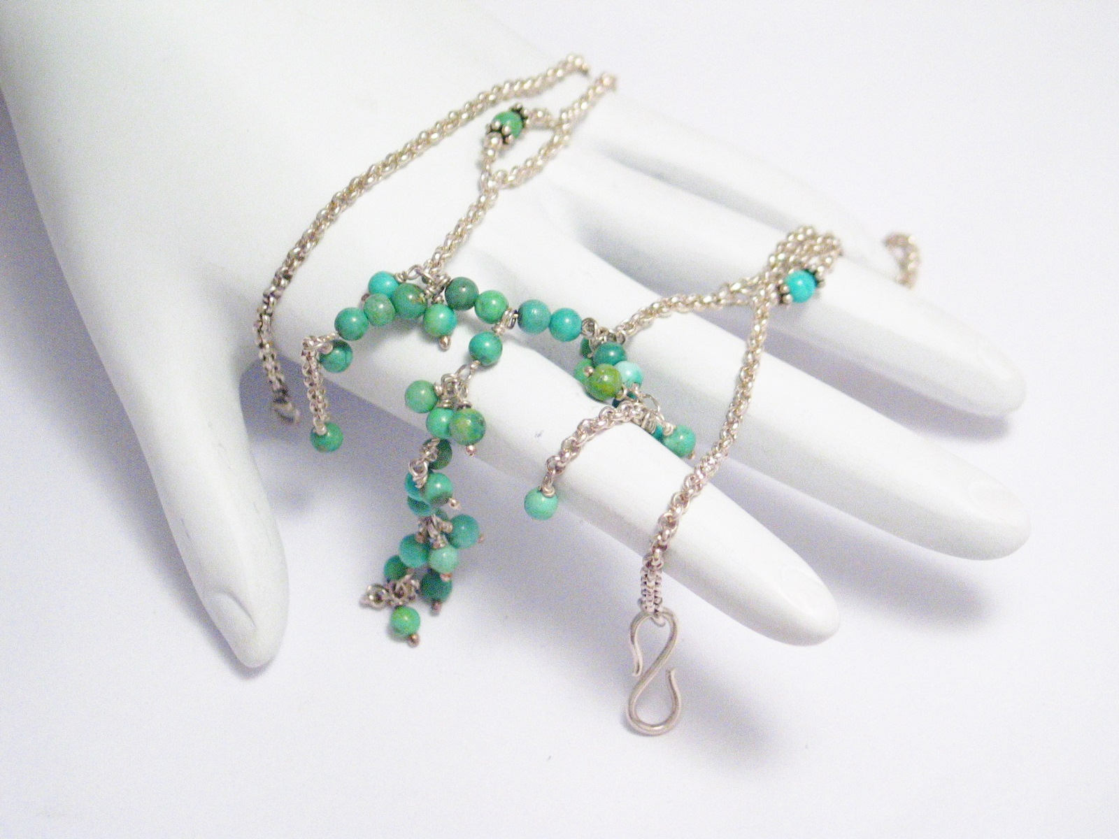 Tassel Necklace, Cascading Green Turquoise Stone Beaded Sterling Silver Y Necklace - Womens Jewelry
