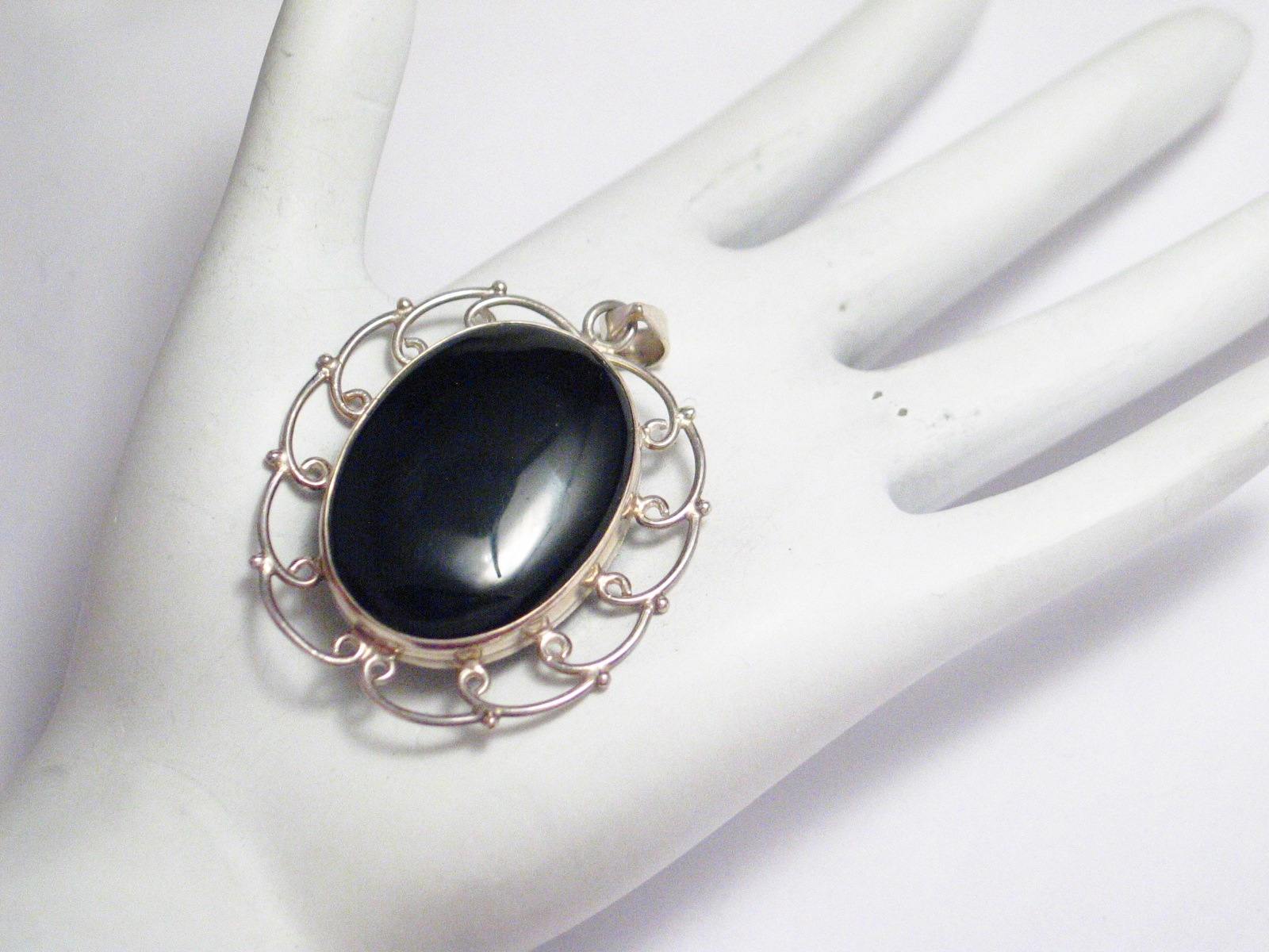 Silver Pendants | Large Bold Oval Sterling Silver Looped Design Black Stone Pendant | Discount Jewelry online
