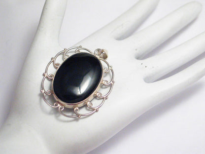 Silver Pendants | Large Bold Oval Sterling Silver Looped Design Black Stone Pendant | Discount Jewelry online
