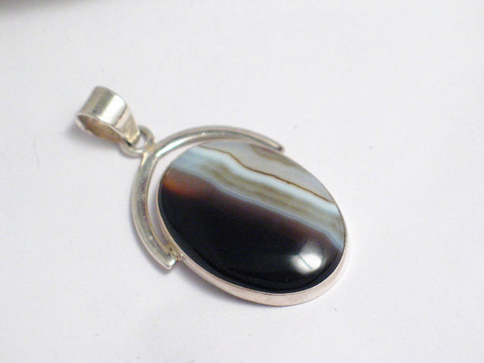 Stone Pendant, Mens Womens Unique Large Two Tone Oval Natural Banded Agate Sterling Silver Pendant