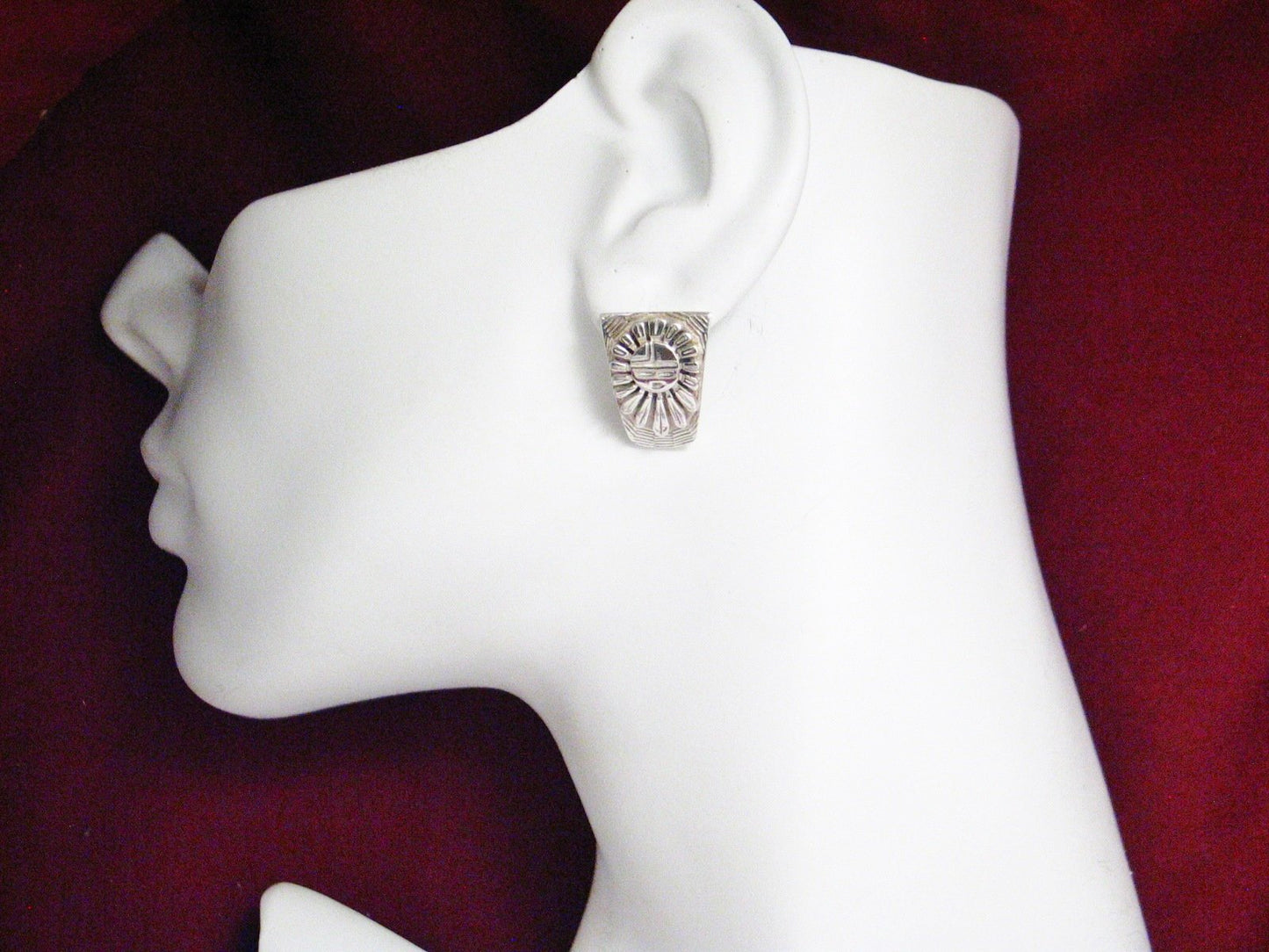 Silver Earrings, Hopi Sunflower Design Semi Hoop Style Sterling Silver Earrings - Vintage Jewelry online