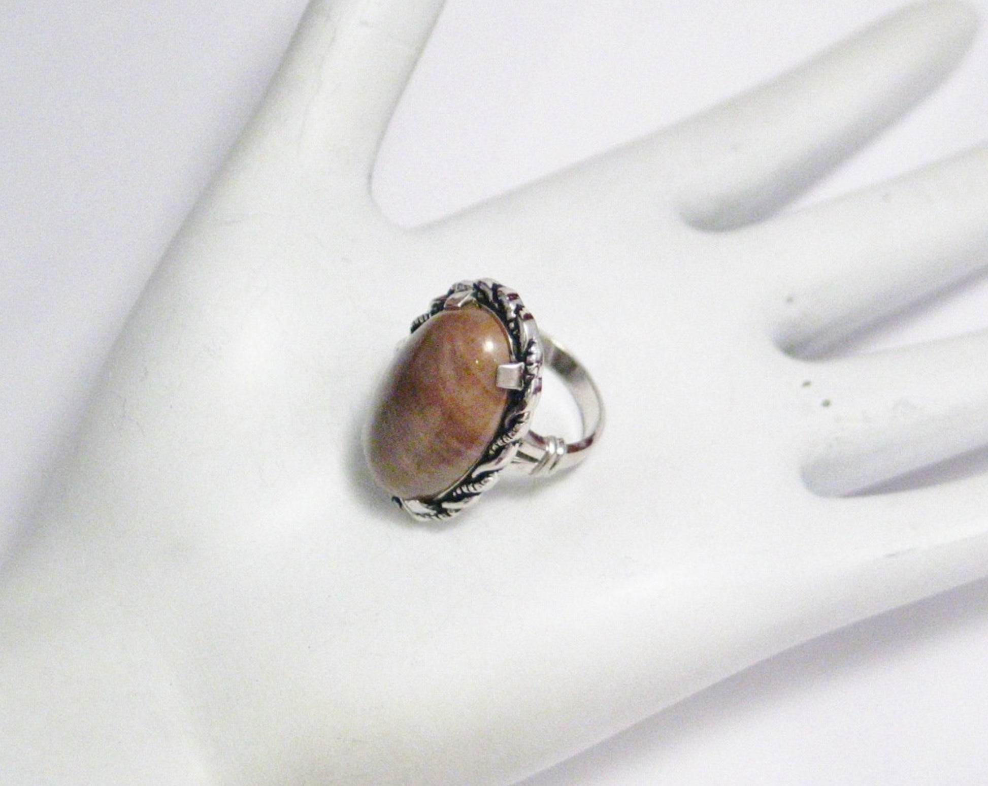 Sterling Silver Ring, Sz4.75 Large Oval Tan Agate Stone Pinky Ring - Estate Jewelry