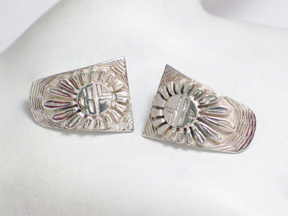 Silver Earrings, Hopi Sunflower Design Semi Hoop Style Sterling Silver Earrings - Vintage Jewelry online