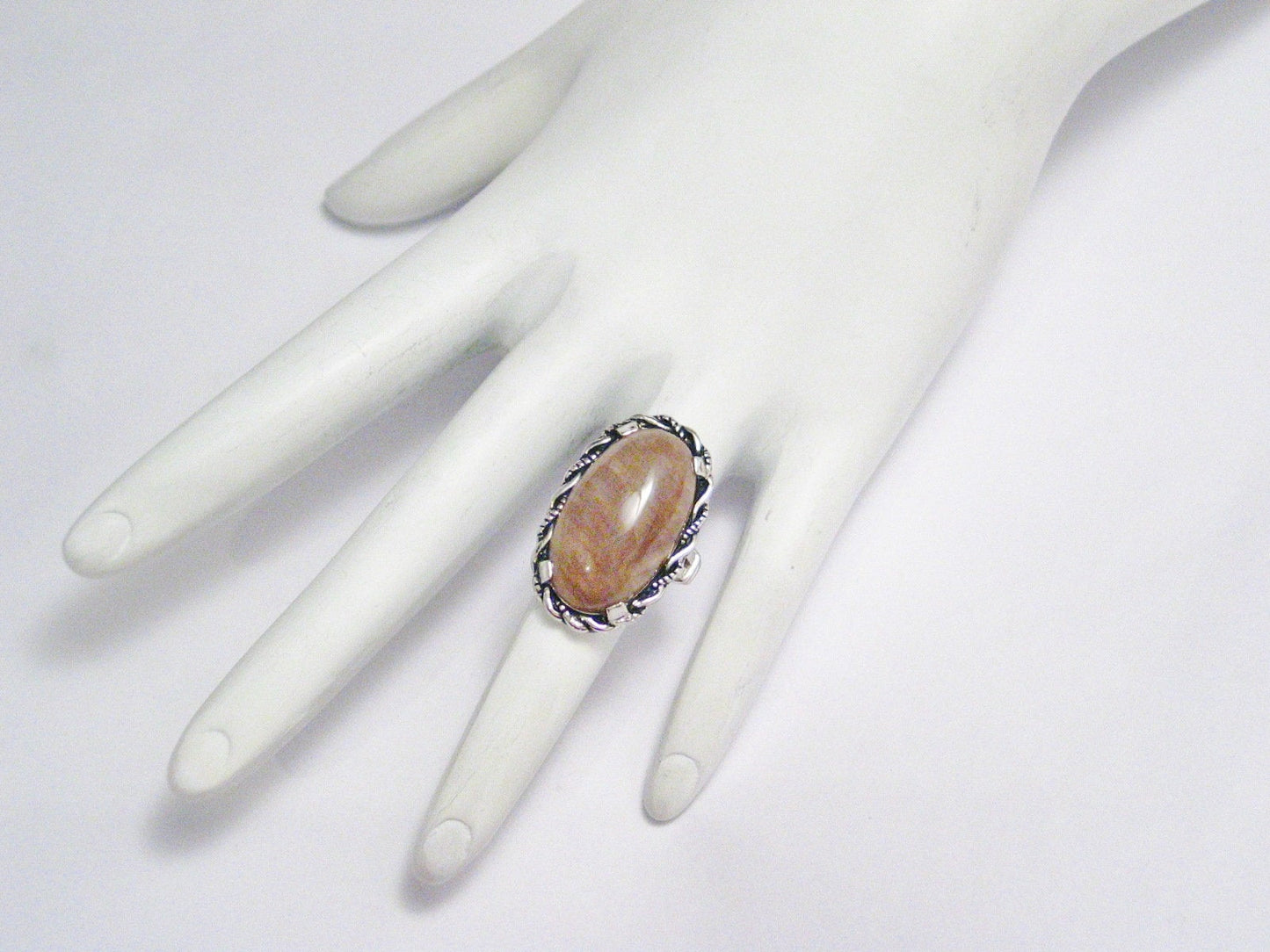 Sterling Silver Ring, Sz4.75 Large Oval Tan Agate Stone Pinky Ring - Blingschlingers Pre-owned Jewelry
