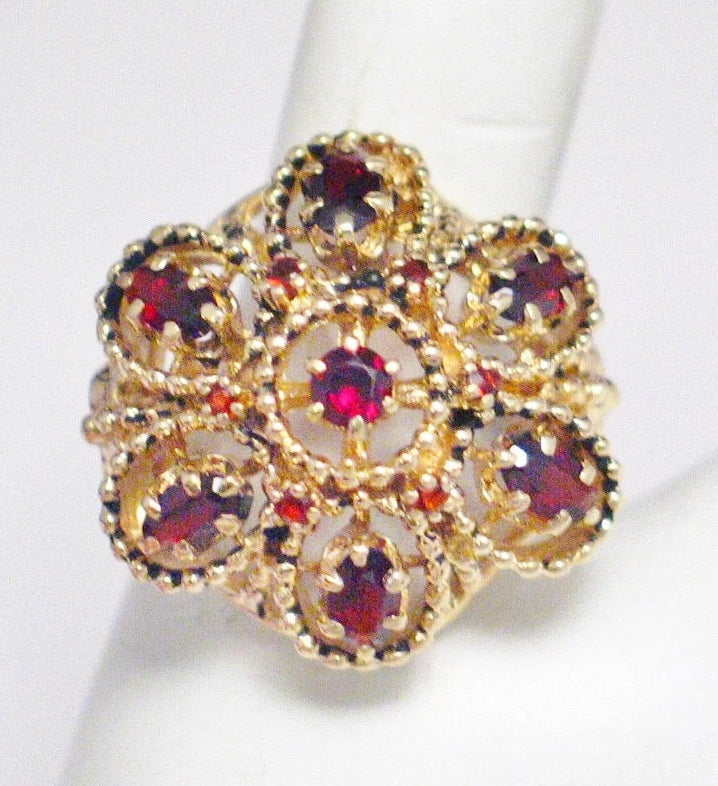 Womens Jewelry 14k Gold Vintage Natural Garnet Gemstone ornate filigree Dome Cluster Ring at Blingschlingers.com