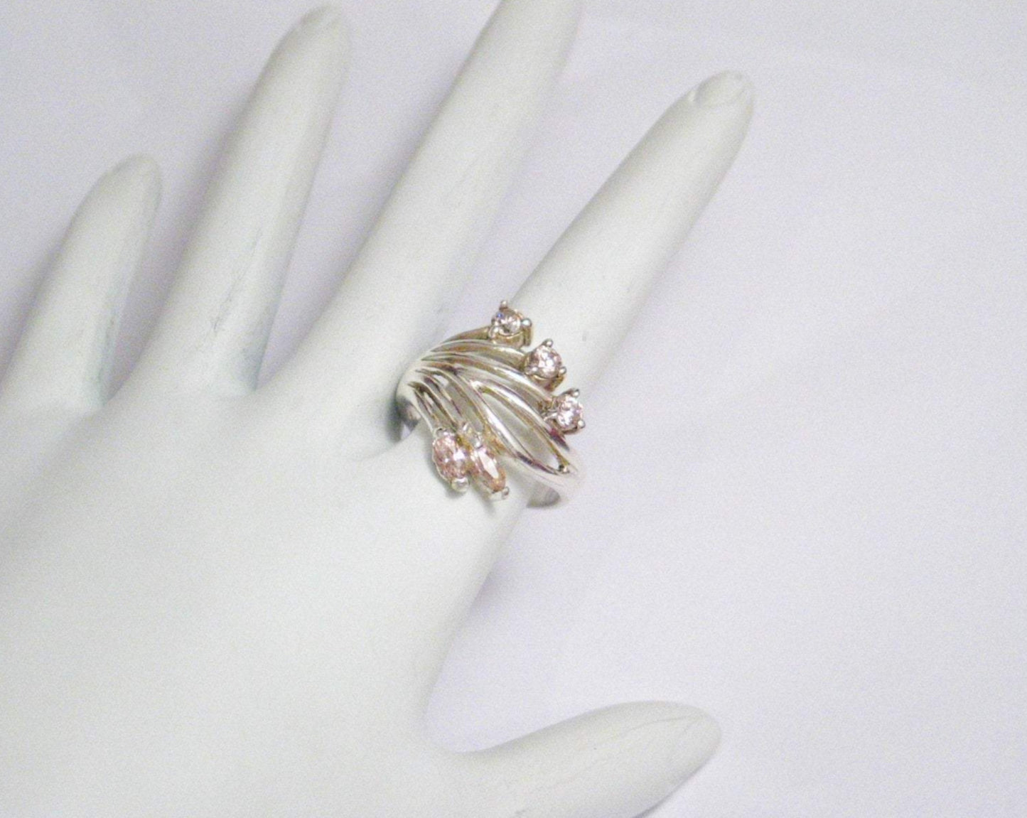 Statement Ring, Beautiful Wide Sterling Silver Pink Stone Spray Design Cocktail Ring