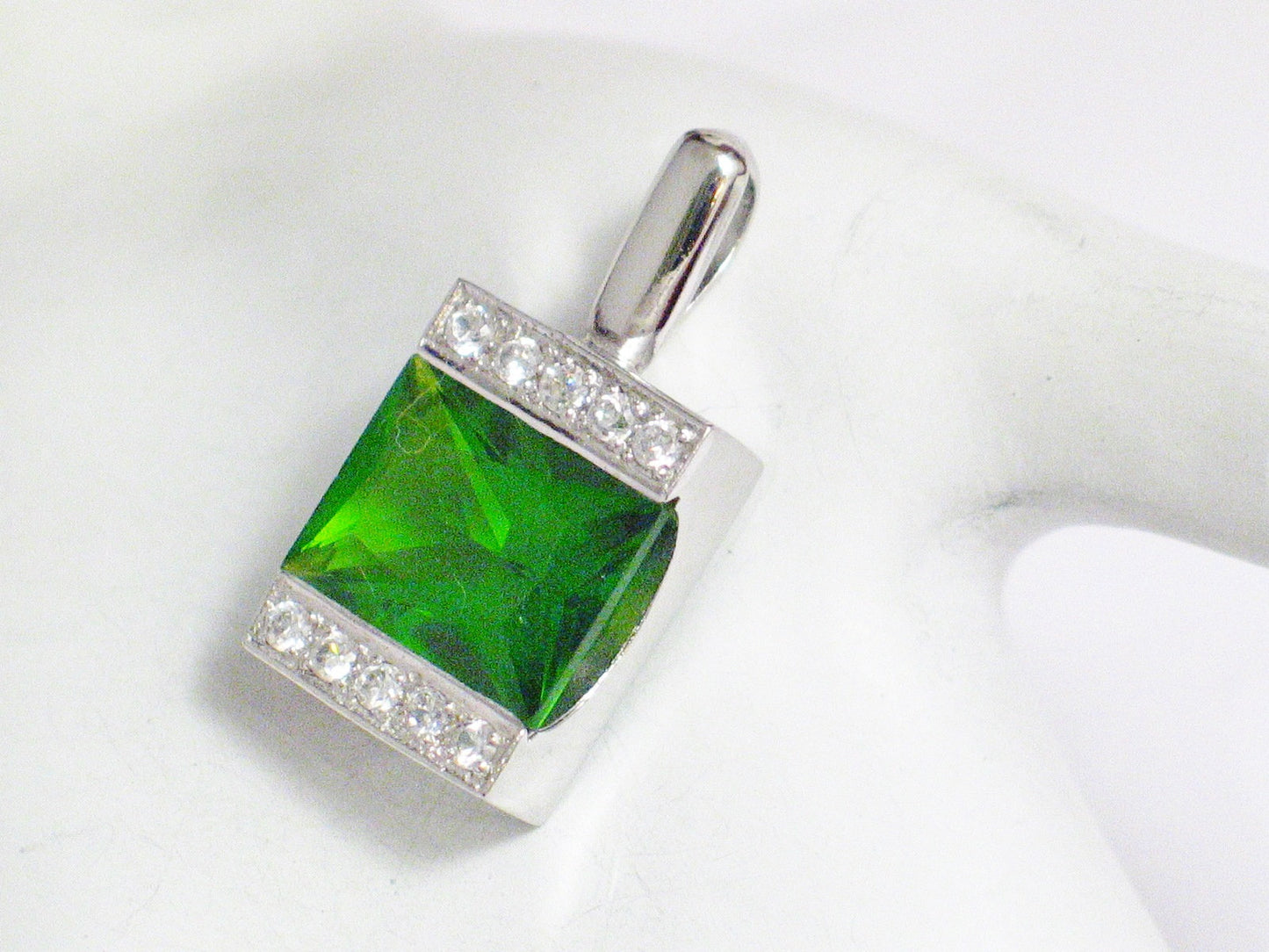 Sterling Silver Vibrant Green Geometric Square Cubic Zirconia Stone Pendant