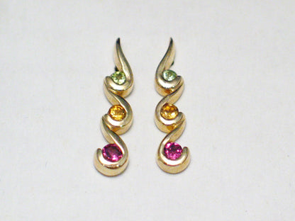 14k Gold Earrings, Beautiful Garnet Peridot Citrine Multi Gemstone Fancy Drop Earrings