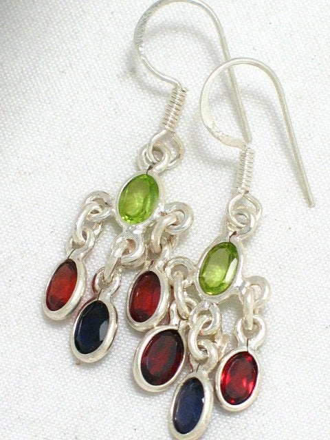 Silver Earrings, Womens Petite Green Peridot, Purple Amethyst, Red Garnet Sterling Silver Dangle Earrings