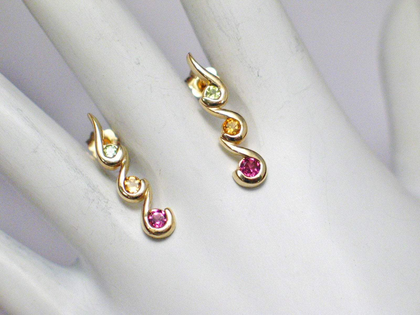 14k Gold Earrings, Beautiful Garnet Peridot Citrine Multi Gemstone Fancy Drop Earrings - Blingschlingers Jewelry