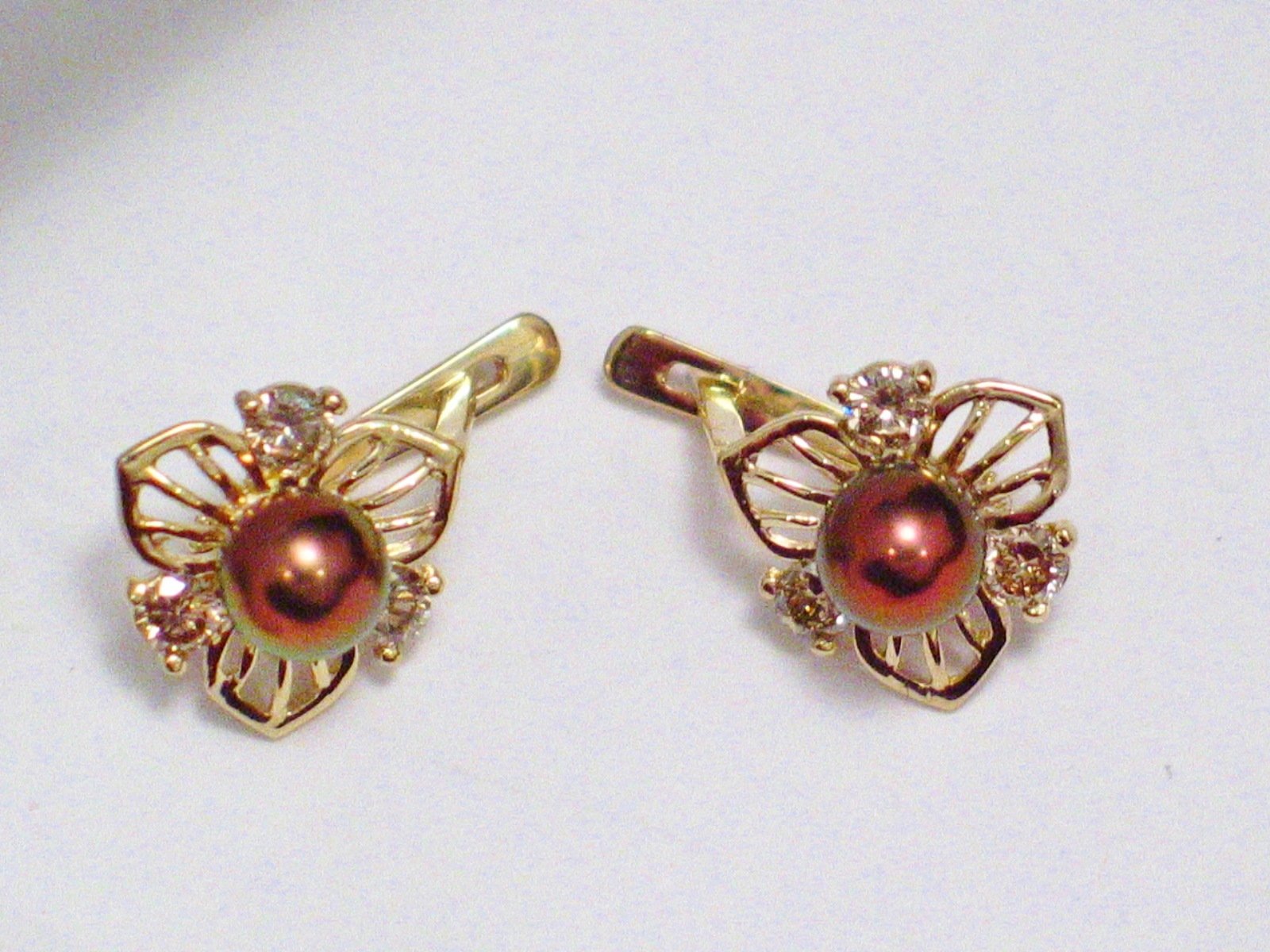 14k Gold Pearl Earrings, Estate Jewelry Flower Design Chocolate Pearl Champagne Diamond Earrings