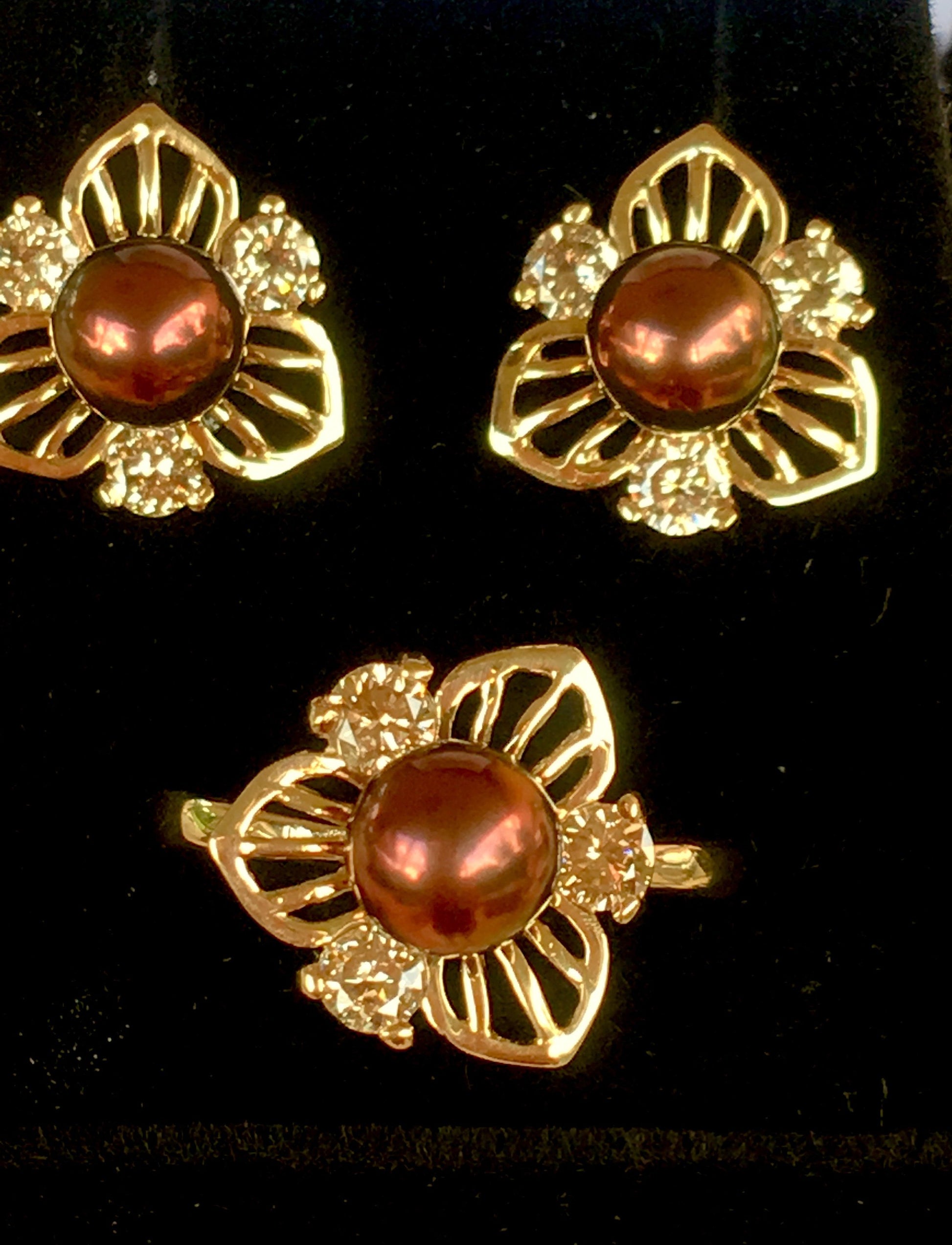 14k Gold Pearl Ring Womans Champagne Diamond Chocolate Pearl Flower Statement Cocktail Ring