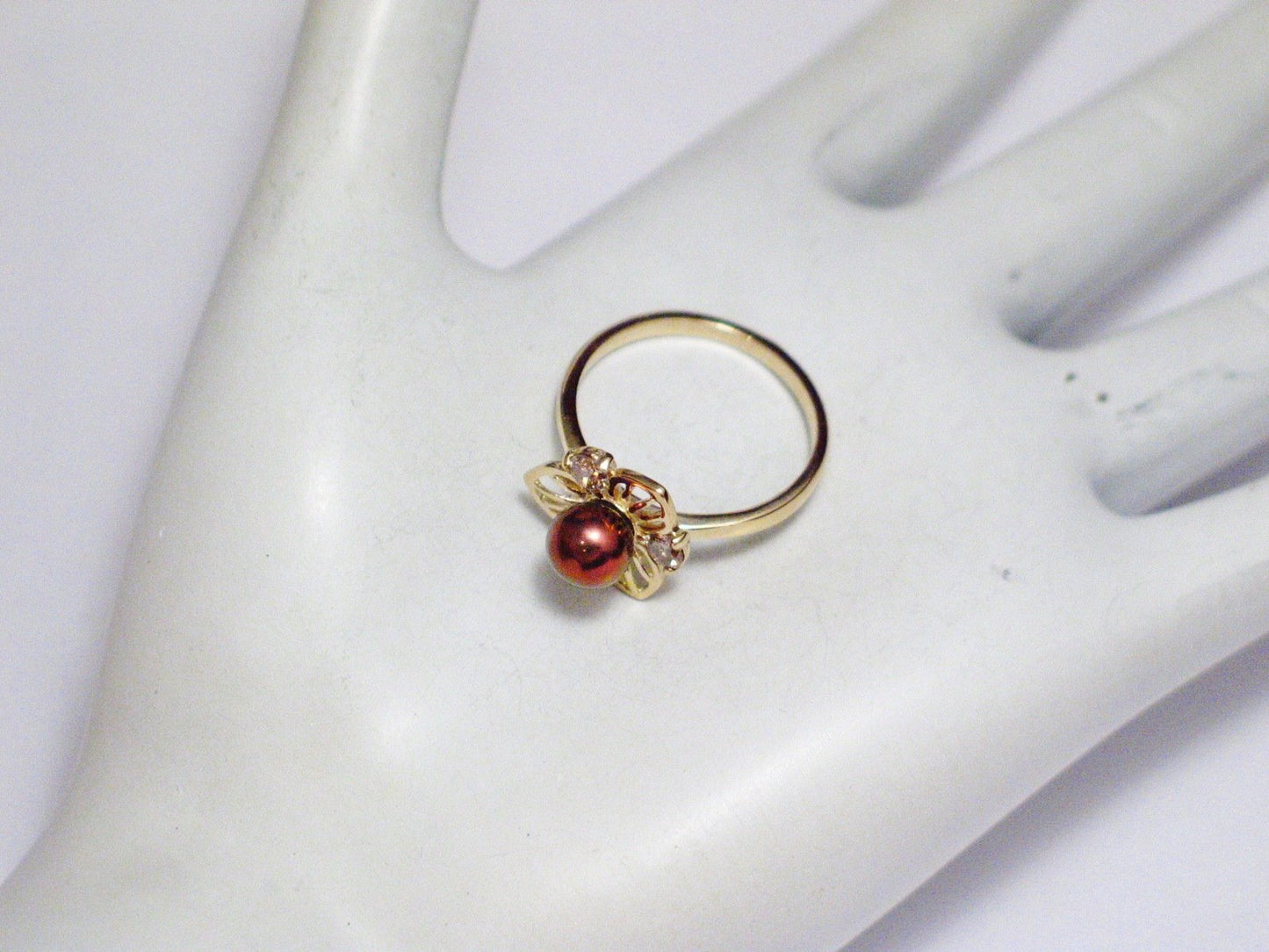 14k Gold Pearl Ring Women Flower Design Champagne Diamond Chocolate Pearl Cocktail Ring