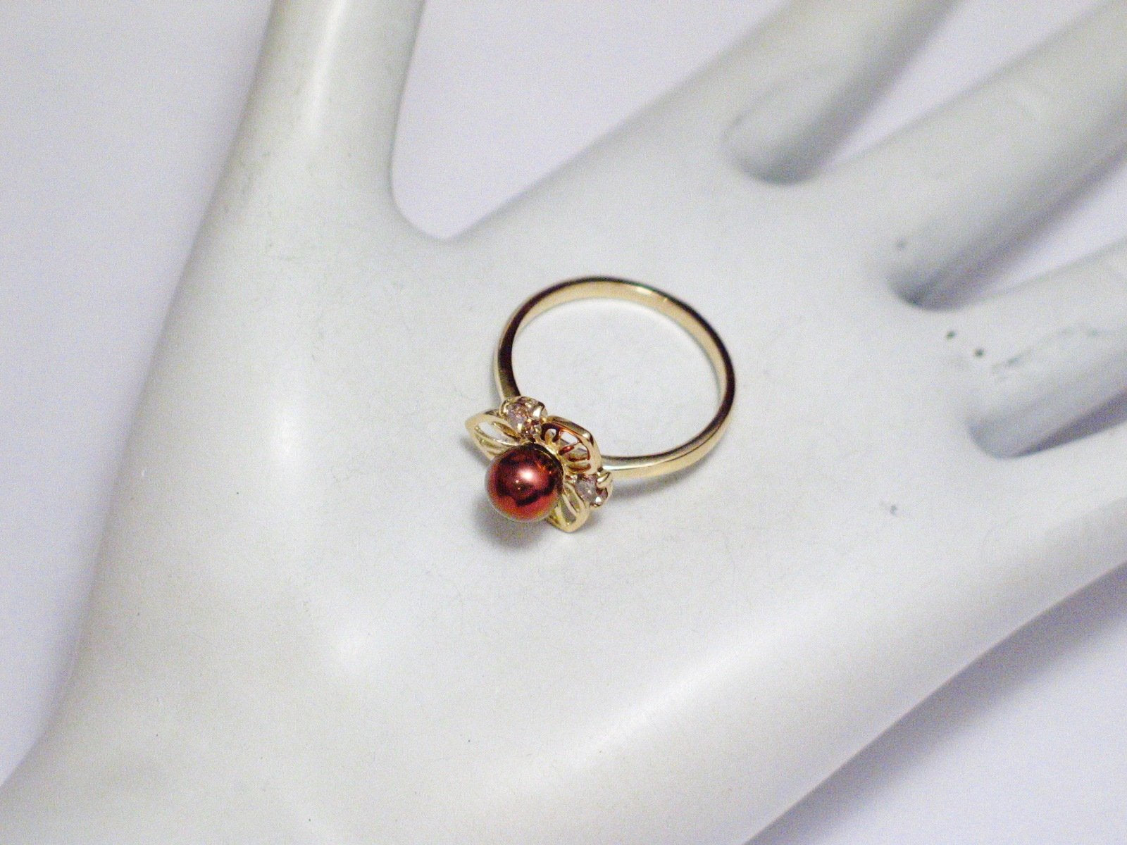 14k Gold Pearl Ring Women Flower Design Champagne Diamond Chocolate Pearl Cocktail Ring
