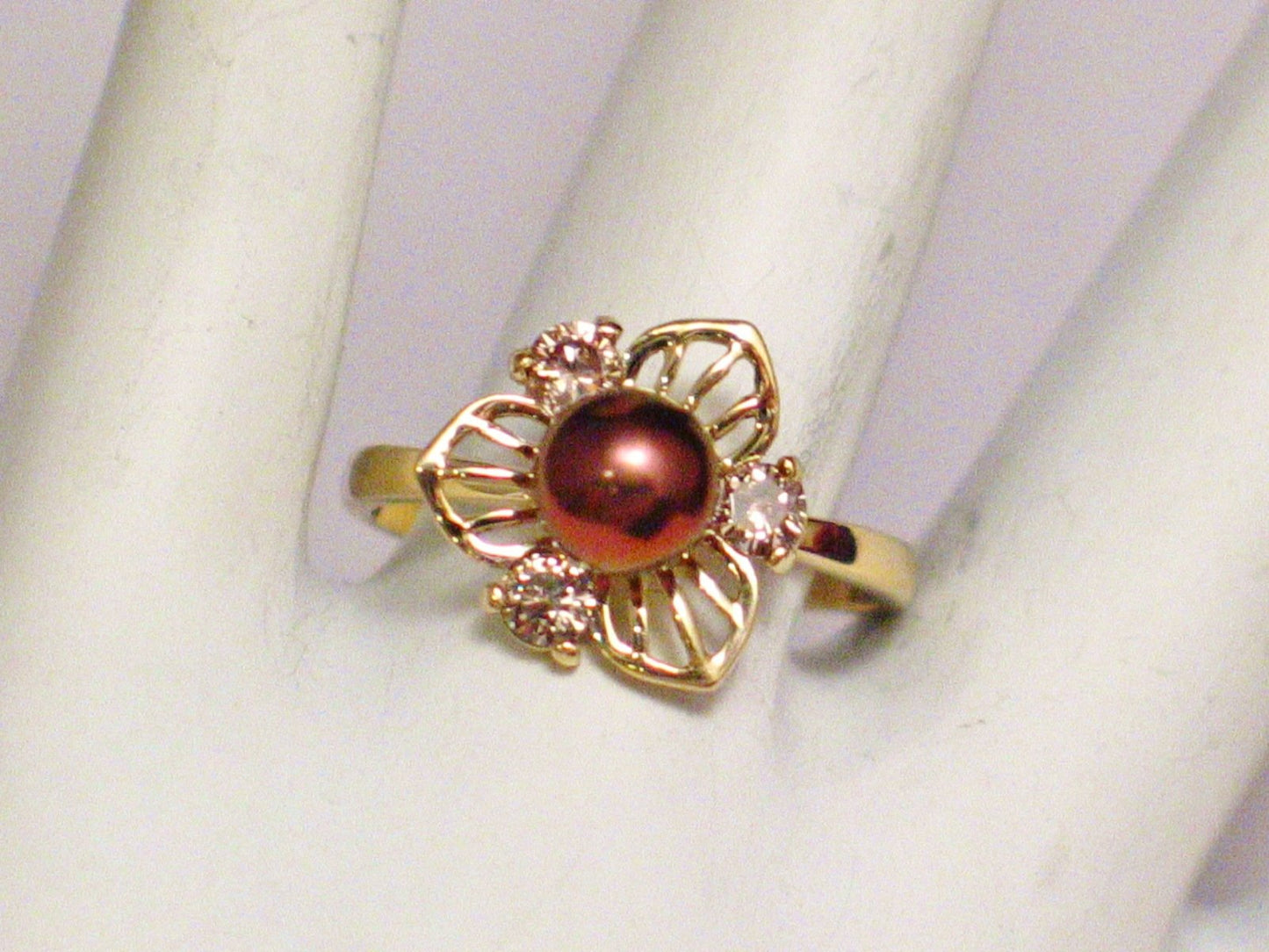 14k Gold Pearl Ring Womans Champagne Diamond Chocolate Pearl Flower Statement Cocktail Ring