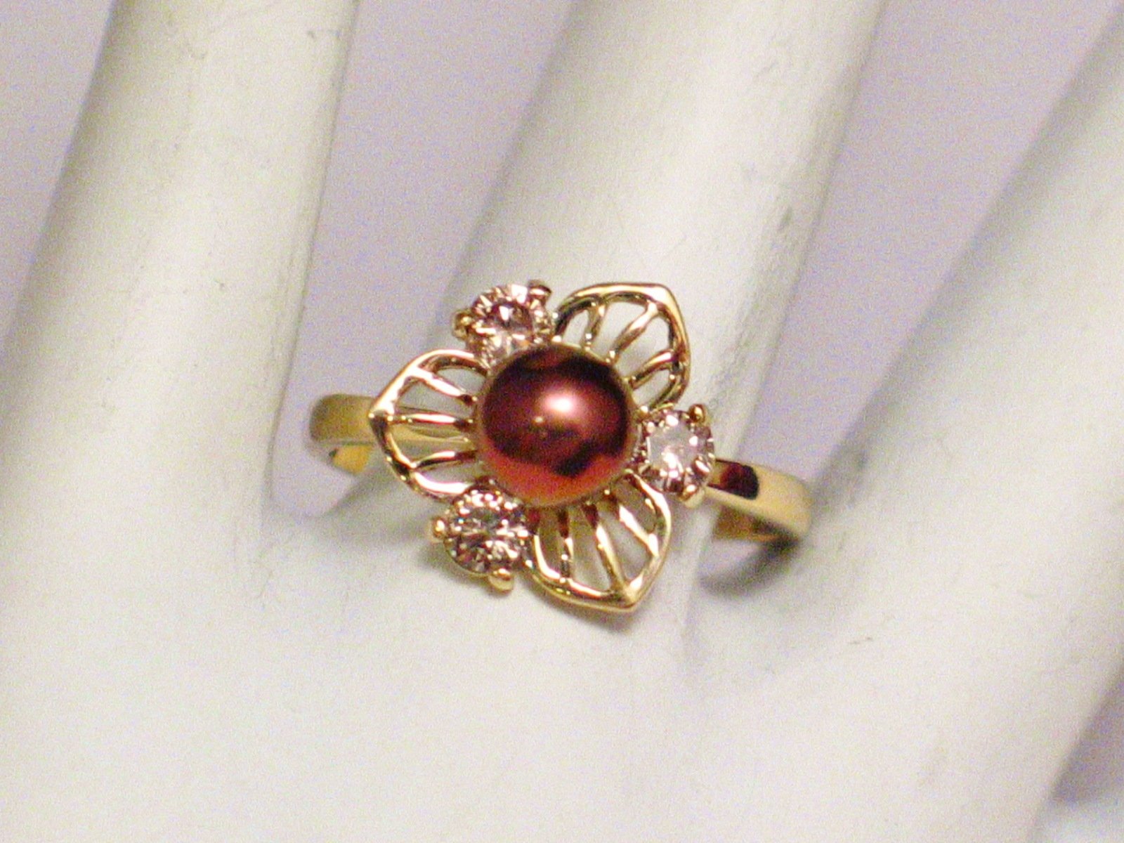 14k Gold Pearl Ring Womans Champagne Diamond Chocolate Pearl Flower Statement Cocktail Ring