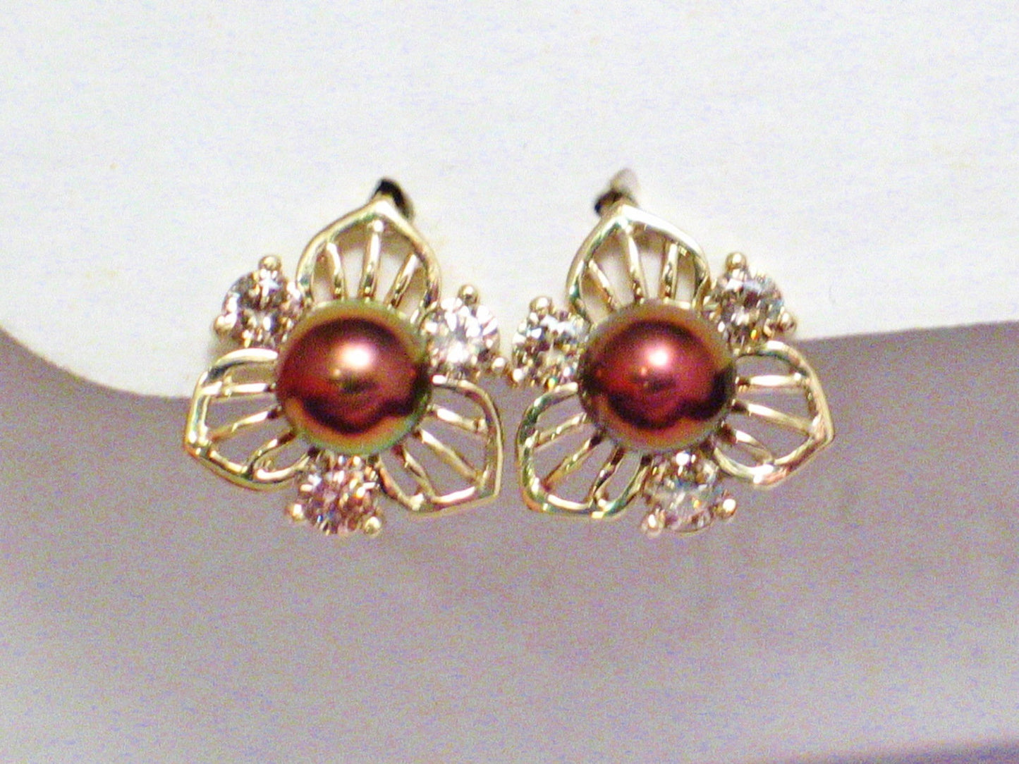 14k Gold Pearl Earrings, Estate Jewelry Flower Design Chocolate Pearl Champagne Diamond Earrings