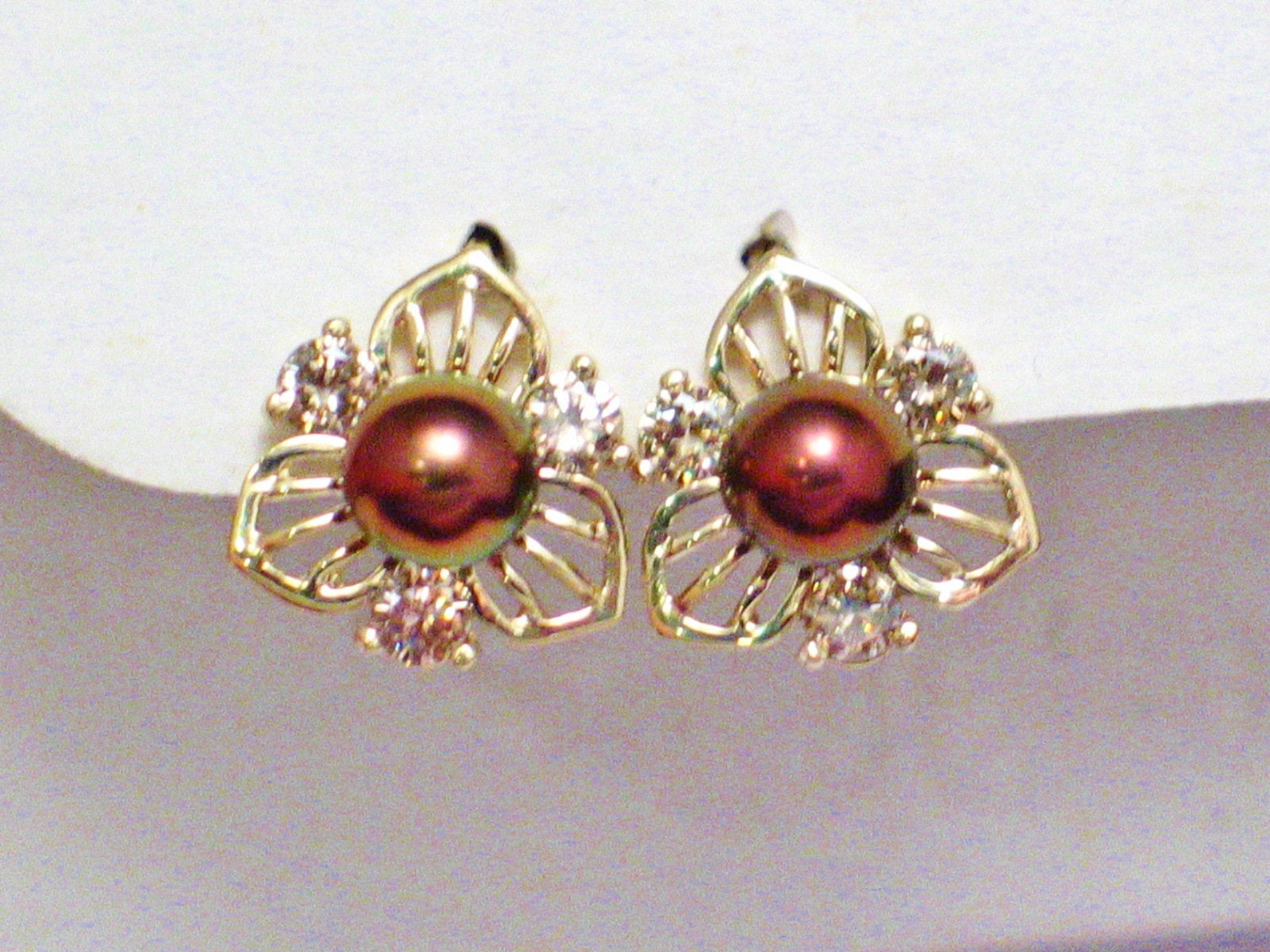 14k Gold Pearl Earrings, Estate Jewelry Flower Design Chocolate Pearl Champagne Diamond Earrings